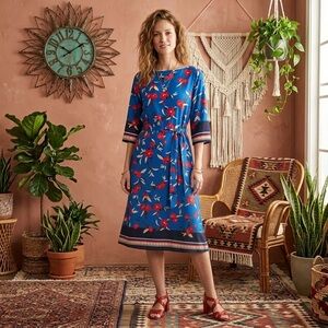 Ann Taylor Dress XS NWT $169 Blue & Red Floral 3/4 Sleeves Lined  Boat Neck Midi